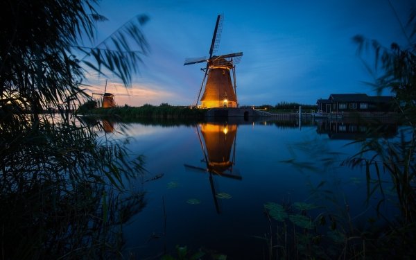 Man Made Windmill Night Building Reflection River HD Wallpaper | Background Image