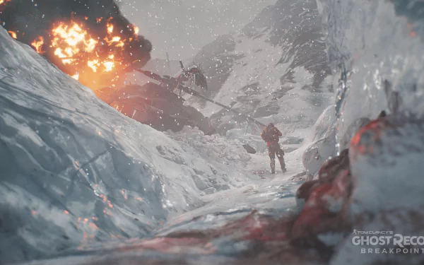 HD PC desktop wallpaper from Tom Clancy's Ghost Recon Breakpoint: lone soldier trudges through a snowy crevasse toward an exploding helicopter under gray skies.