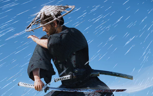 Jin Sakai from Ghost of Tsushima — a samurai crouched in rain, gripping dual katanas against a bright blue sky; 4K Ultra HD PC desktop wallpaper.
