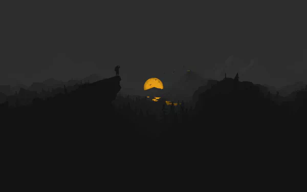 4K Ultra HD Firewatch video game wallpaper showing a silhouetted figure on a cliff at night with an orange moon glowing over distant mountains.