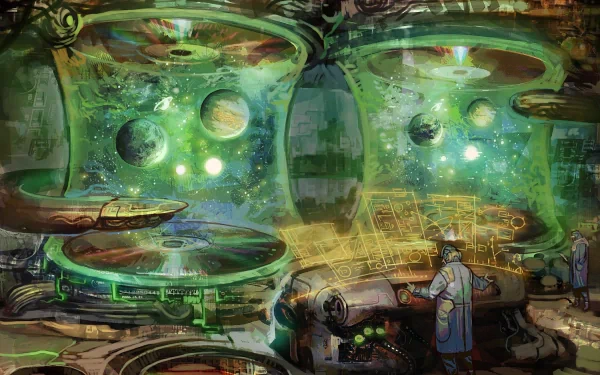 HD PC desktop wallpaper featuring a sci-fi futuristic laboratory with glowing green energy cores and scientists working on advanced technology.