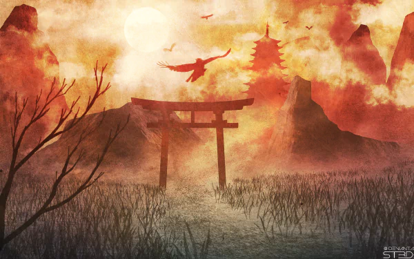 Artistic 4K Ultra HD landscape wallpaper depicting a fiery mountain scene with a torii gate silhouetted against a glowing sky and birds soaring above.