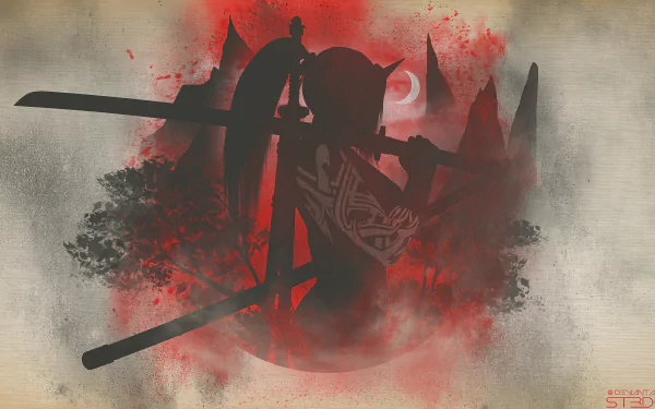 A dramatic 4K Ultra HD fantasy samurai silhouette wielding dual katanas, surrounded by dark, smoky red and gray tones, creating a striking PC desktop wallpaper background.