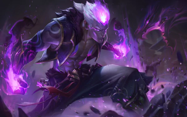 League of Legends 4K Ultra HD PC wallpaper: a purple-flamed champion crouches, eyes and fists glowing as dark energy swirls and debris floats — video game background art.