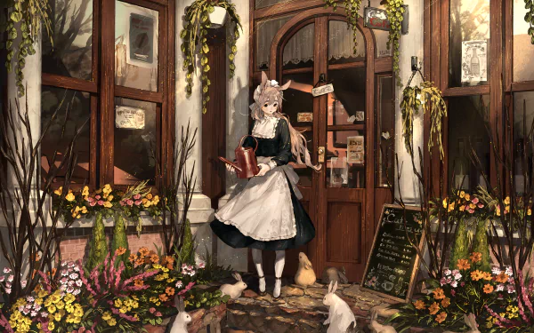 HD anime girl with bunny ears stands in a cozy, flower-filled entrance, holding a book, surrounded by animals in a detailed, warm-toned desktop wallpaper background.