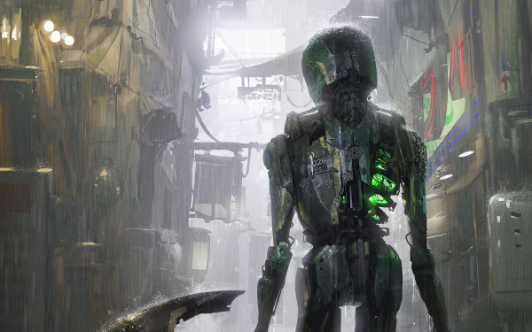 4K Ultra HD PC desktop wallpaper/background: rain-soaked sci-fi alley with a glowing humanoid robot standing under neon lights.