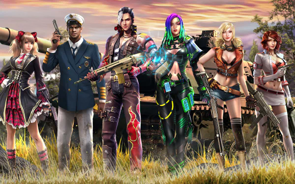4K Ultra HD PC desktop wallpaper featuring diverse Garena Free Fire characters standing in a grassy field under a vibrant sunset sky.
