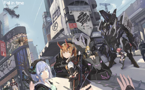 4K Ultra HD anime military scene featuring futuristic soldiers and mechs in a detailed urban environment, designed as a vibrant PC desktop wallpaper.