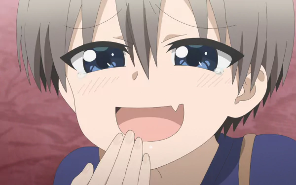 HD anime wallpaper featuring Hana Uzaki from Uzaki-chan Wants to Hang Out with a playful, smiling expression on a soft pink background.