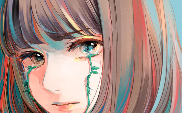 HD anime desktop wallpaper featuring a close-up of a sad anime girl with tears streaming down her face, blending soft colors and emotional expression.