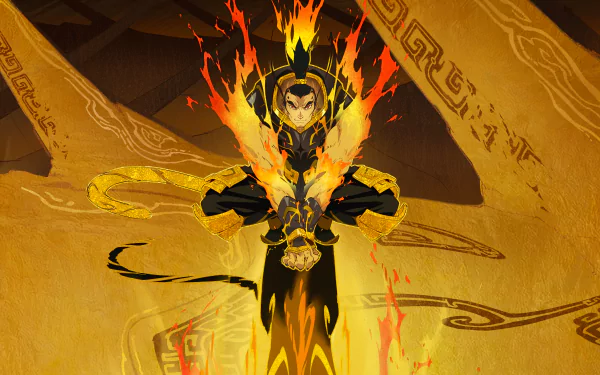 4K Ultra HD desktop wallpaper from the movie Legend of Deification, featuring a fiery character with glowing armor and intense flames against an ancient, mystical backdrop.