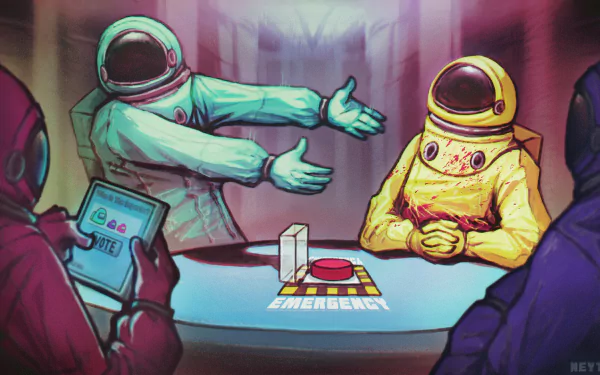 HD PC desktop wallpaper featuring Among Us crewmates in astronaut suits around an emergency meeting table, set in a dramatic, colorful video game scene.