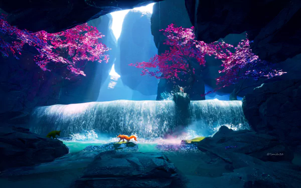 Fantasy HD desktop wallpaper featuring a serene waterfall with vibrant pink and purple trees, and a fox walking in the foreground.