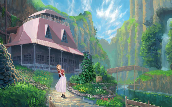 HD PC desktop wallpaper featuring Aerith Gainsborough from Final Fantasy VII Remake standing on a stone path beside a cottage, surrounded by lush greenery and cliffs.