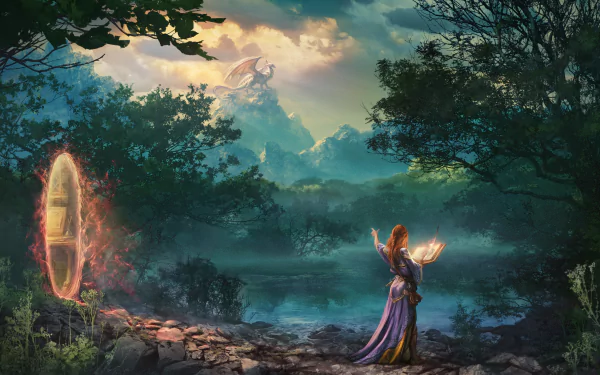 A sorceress summons a glowing portal beside a stone path in a mystical forest, with a majestic dragon soaring above distant mountains in this 4K Ultra HD fantasy wallpaper.