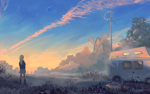 Anime-style 4K Ultra HD wallpaper featuring a serene sky at sunset, a person standing near a bus, and a windmill in the background, blending nature and tranquility.