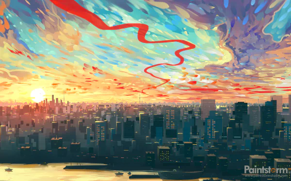 4K Ultra HD artistic cityscape wallpaper featuring a vibrant, colorful sunset over a sprawling urban skyline with dynamic swirling clouds.