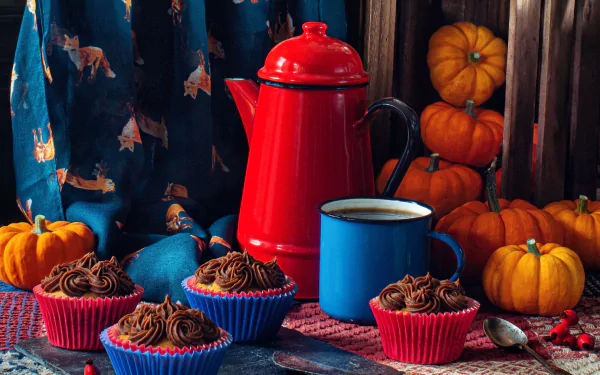 still life pumpkin kettle food cupcake HD Desktop Wallpaper | Background Image