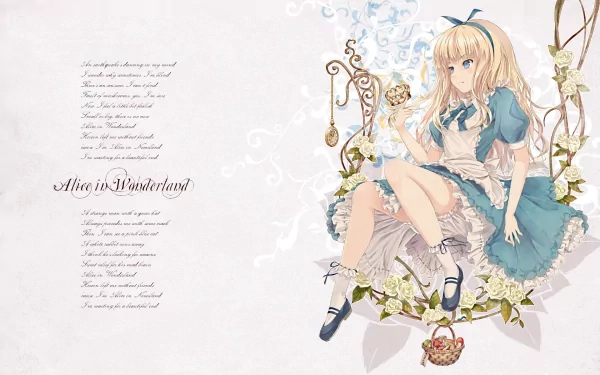 A whimsical anime-inspired depiction of Alice in Wonderland, featuring a serene Alice sitting among flowers, accompanied by elegant text. This HD image serves as a captivating desktop wallpaper.