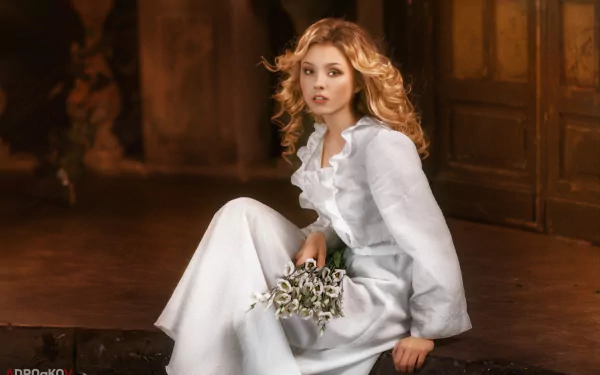 white dress bouquet flower woman Alice Tarasenko HD Desktop Wallpaper | Background Image