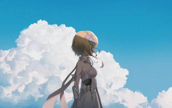 HD wallpaper featuring Lumine from the video game Genshin Impact, standing against a bright blue sky with fluffy white clouds in the background.