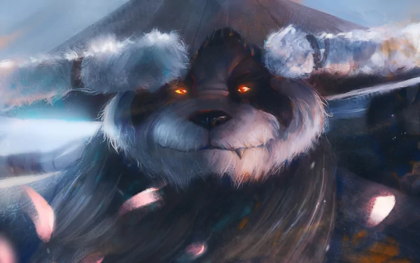 HD desktop wallpaper featuring a fierce Pandaren character from World of Warcraft: Mists of Pandaria, set against a dynamic, stormy background.