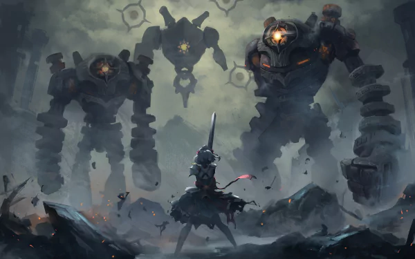 A dramatic HD wallpaper of Noelle from Genshin Impact facing off against a Ruin Hunter and two Ruin Guards, set in a stormy, ruined landscape.