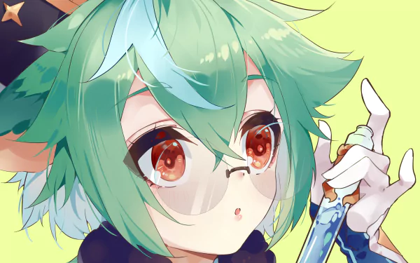 HD desktop wallpaper of Sucrose from Genshin Impact, featuring a close-up of her smiling face with big brown eyes and vibrant green hair.