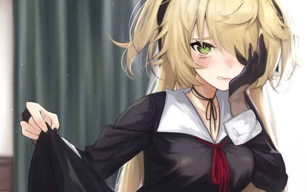 HD desktop wallpaper featuring Fischl from Genshin Impact. The character holds onto her outfit, with a mysterious gaze and an elaborate hairstyle, against a subtle background.