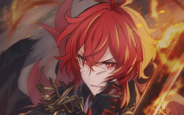 HD PC desktop wallpaper featuring Diluc from the video game Genshin Impact, showcasing his intense expression amid fiery, dynamic flames.