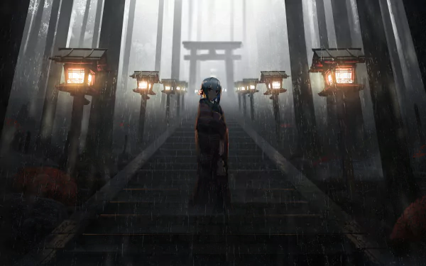 Foggy anime forest scene from The iDOLM@STER: Shiny Colors with a character standing on rain-soaked stairs beneath glowing lanterns and a distant torii gate.