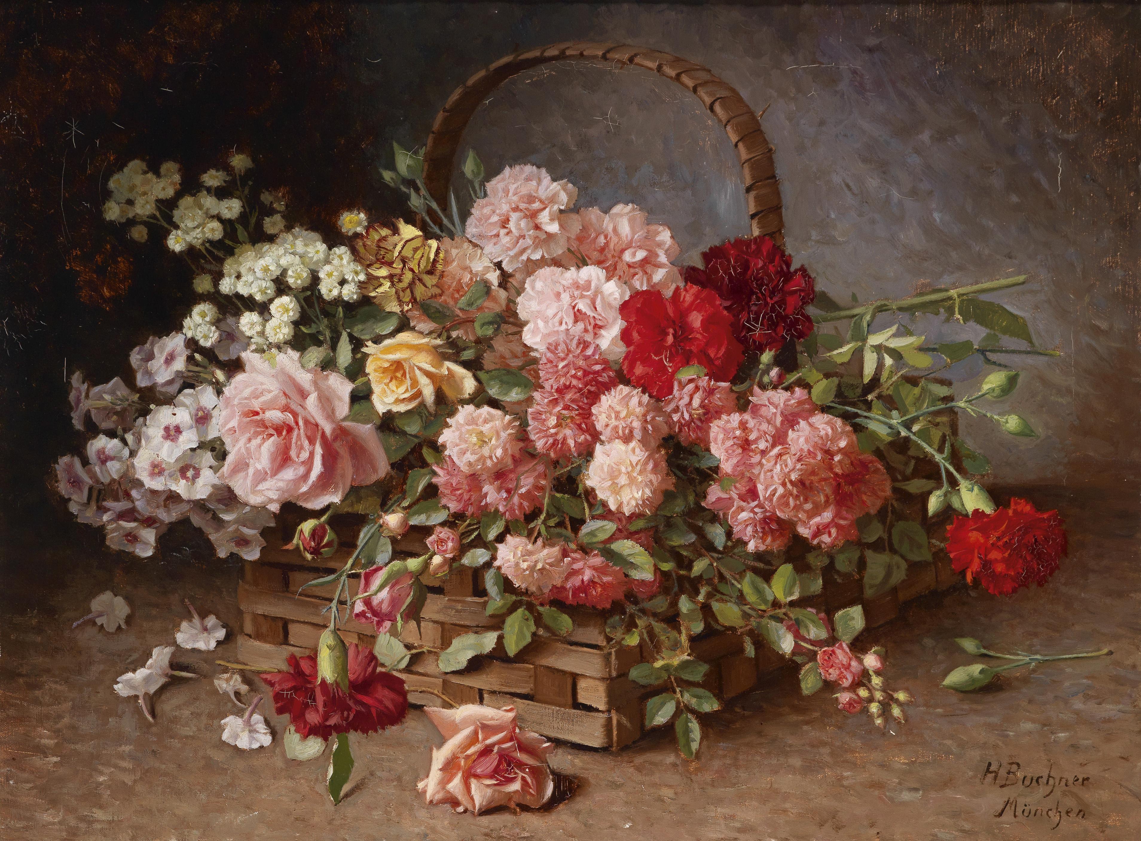 A Basket of Roses and Carnations by Hans Buchner