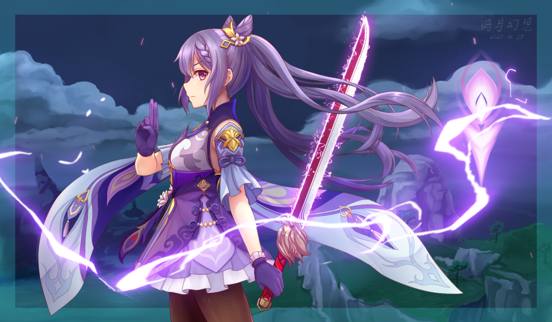 Beautiful gaze of warrior anime beautiful girl with purple hair in purple  outfit with sword on her back HD wallpaper download