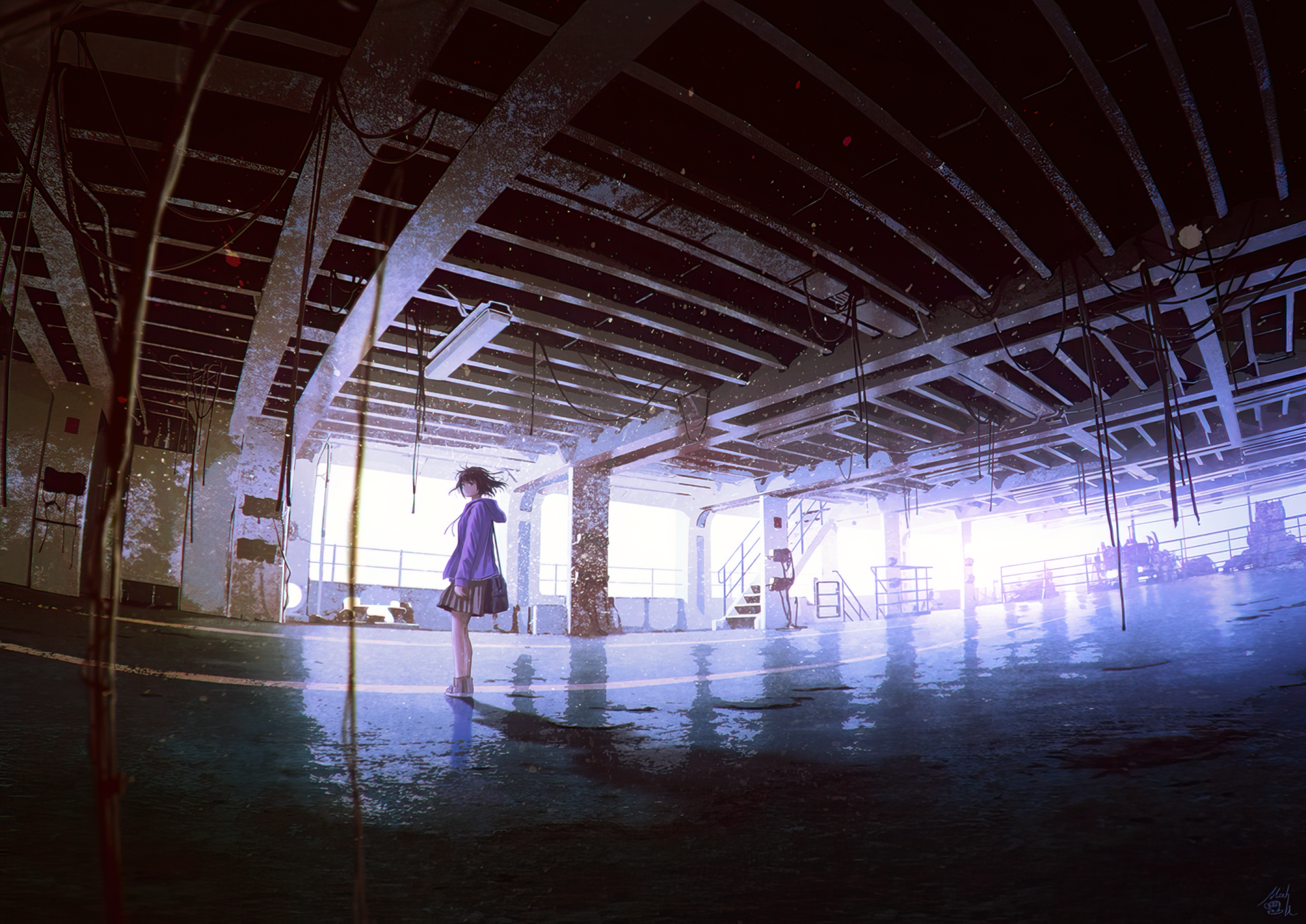 Anime girl with short hair and a skirt stands alone in a spacious, light-filled parking garage, creating a striking HD PC desktop wallpaper scene.