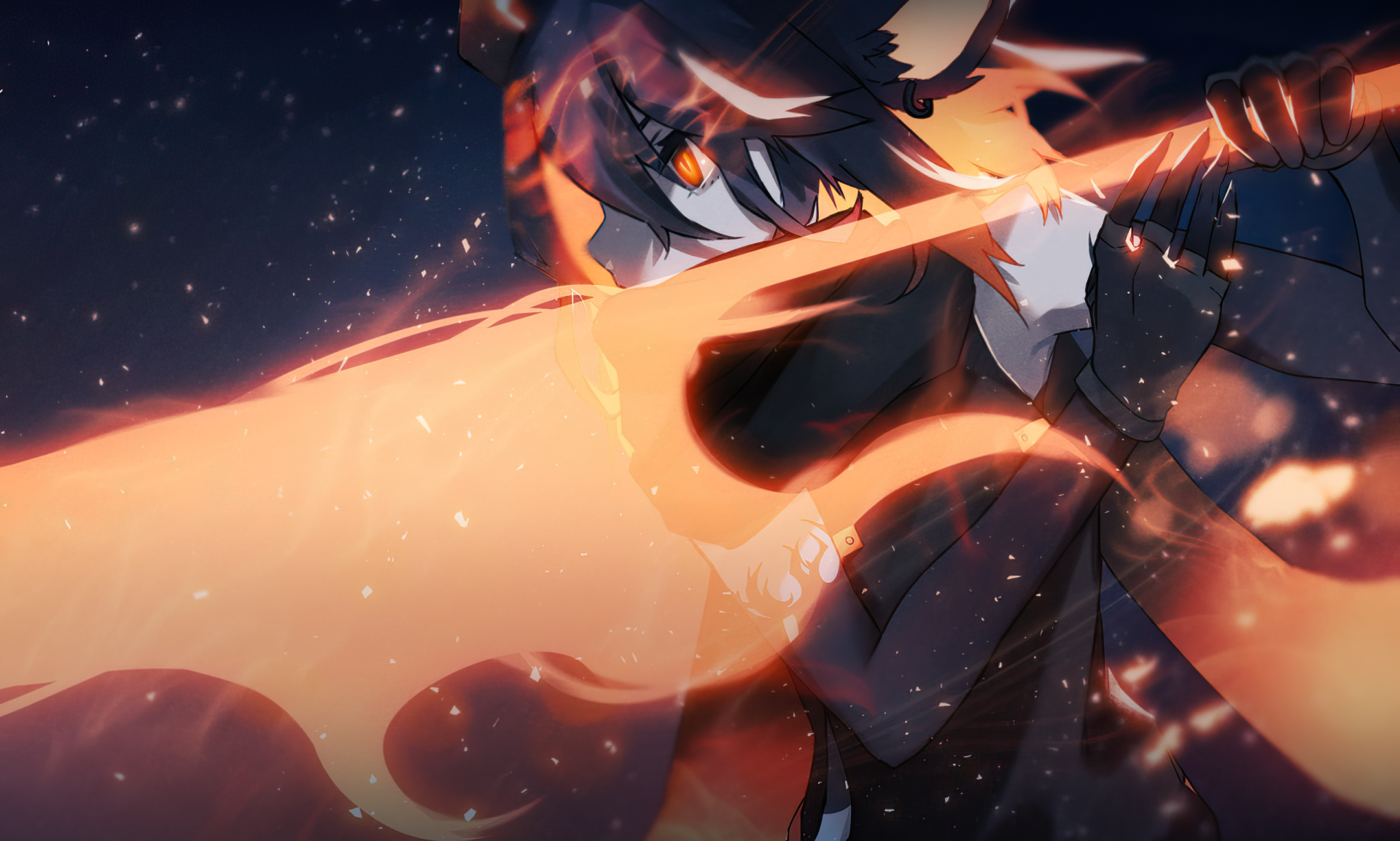 HD PC desktop wallpaper featuring an anime girl wielding a fiery sword, surrounded by glowing embers and dynamic motion in a dark, intense setting.