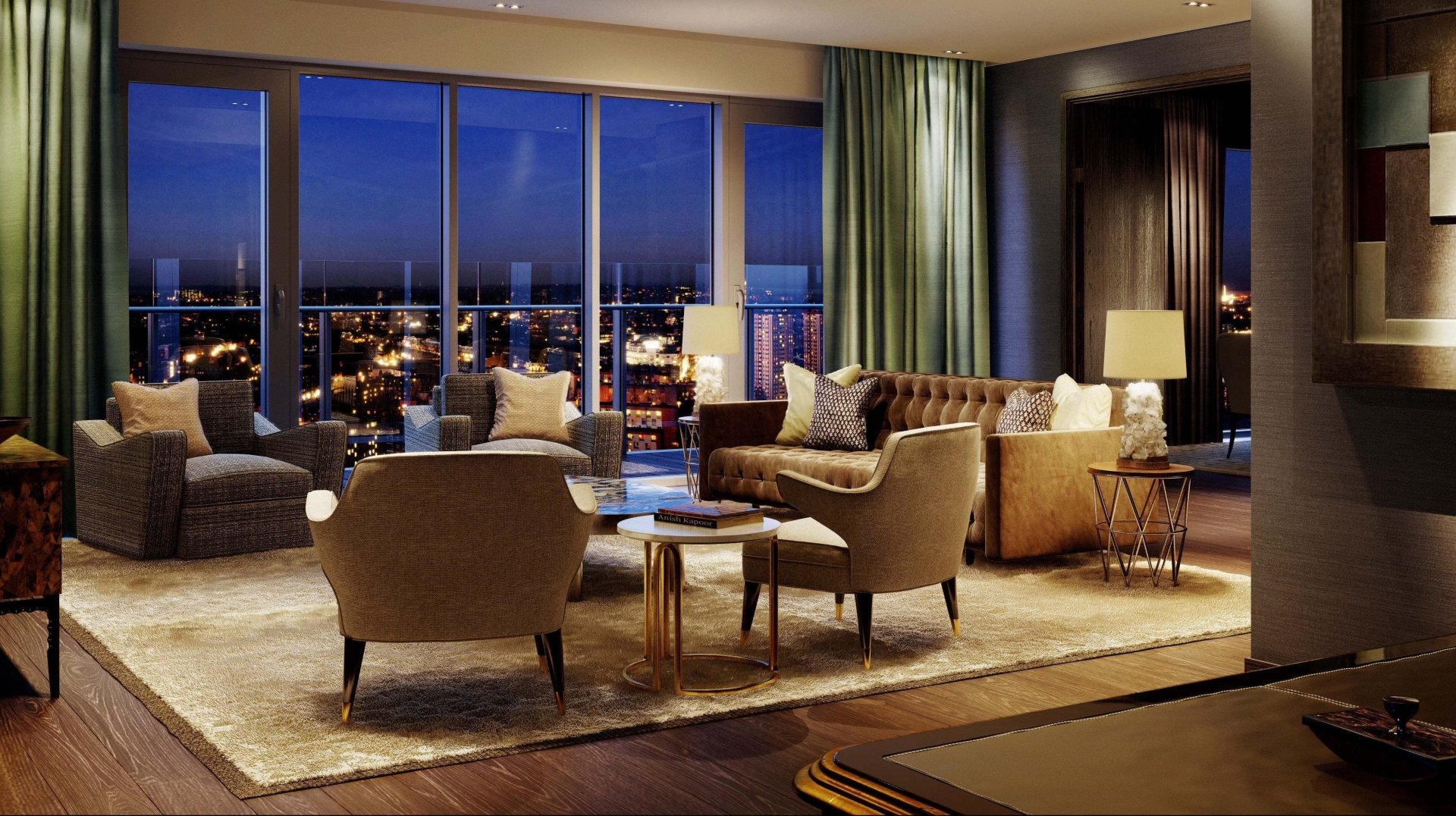 4K Ultra HD PC desktop wallpaper: modern man-made living room interior with floor-to-ceiling windows showing a city skyline, neutral sofas, armchairs, rug and warm lamps.