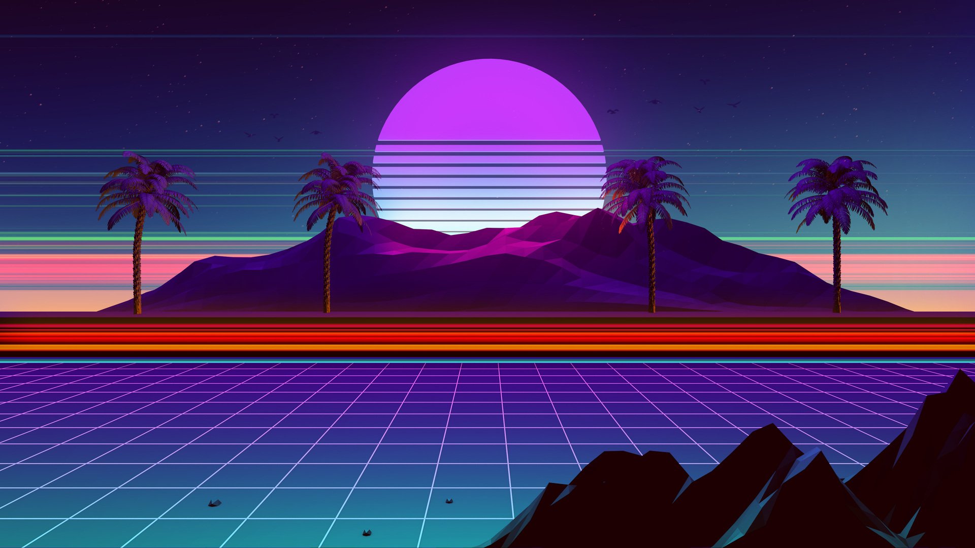 HD vaporwave desktop wallpaper featuring a retrowave sunset with neon grid, silhouetted palm trees, and mountains in vibrant purple and pink hues.