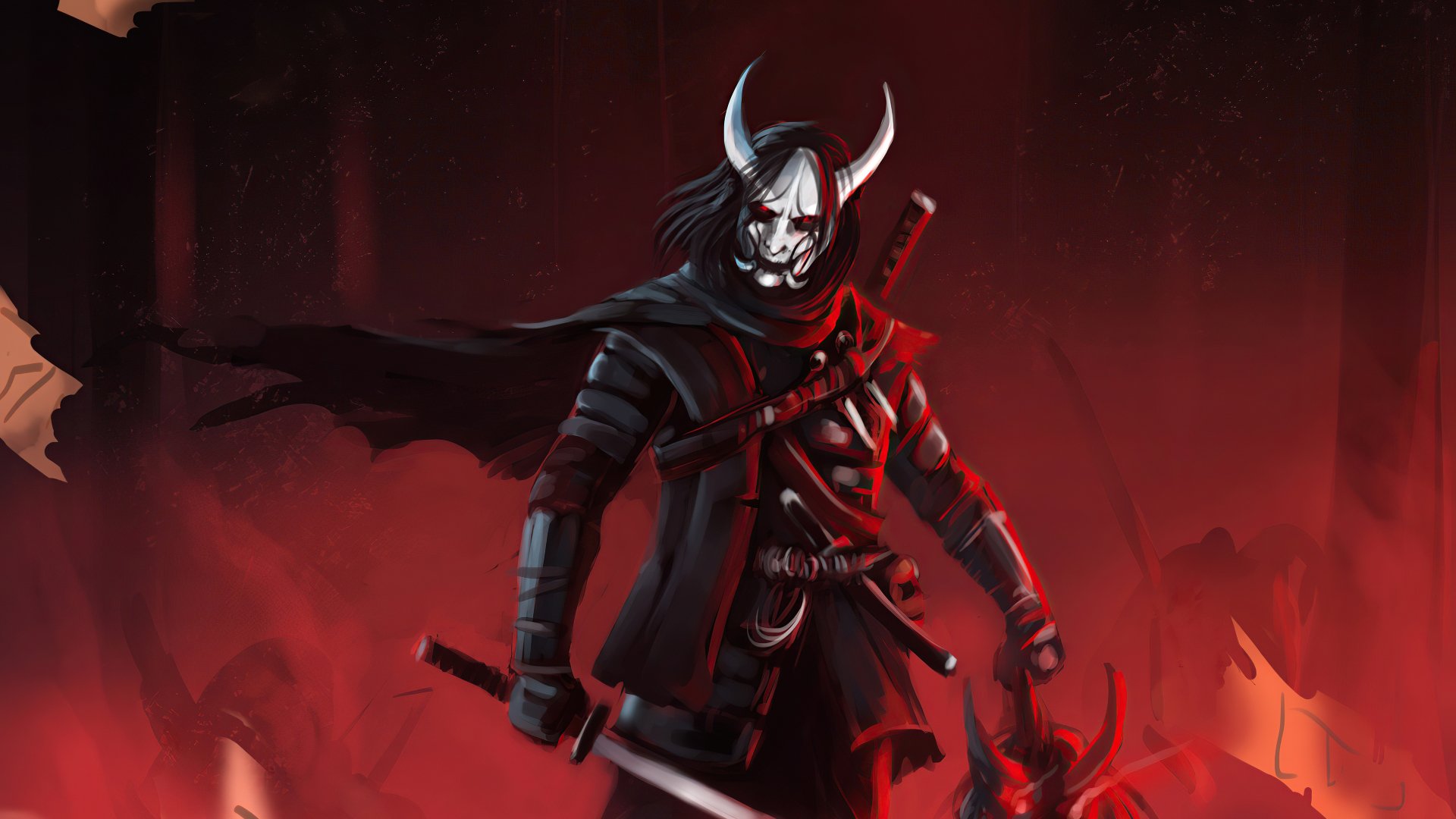 4K Ultra HD PC desktop wallpaper featuring a menacing warrior in demon mask from the video game Ghost of Tsushima, set against a dark, fiery background.