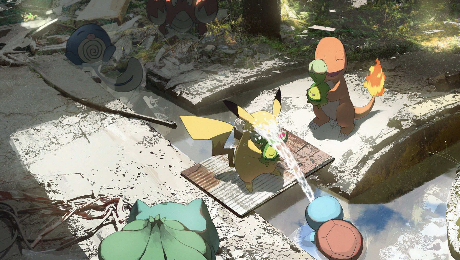 HD PC desktop wallpaper featuring Pokémon Squirtle, Poliwag, Pikachu, Corphish, Bulbasaur, Budew, and Charmander playing near a forest stream.