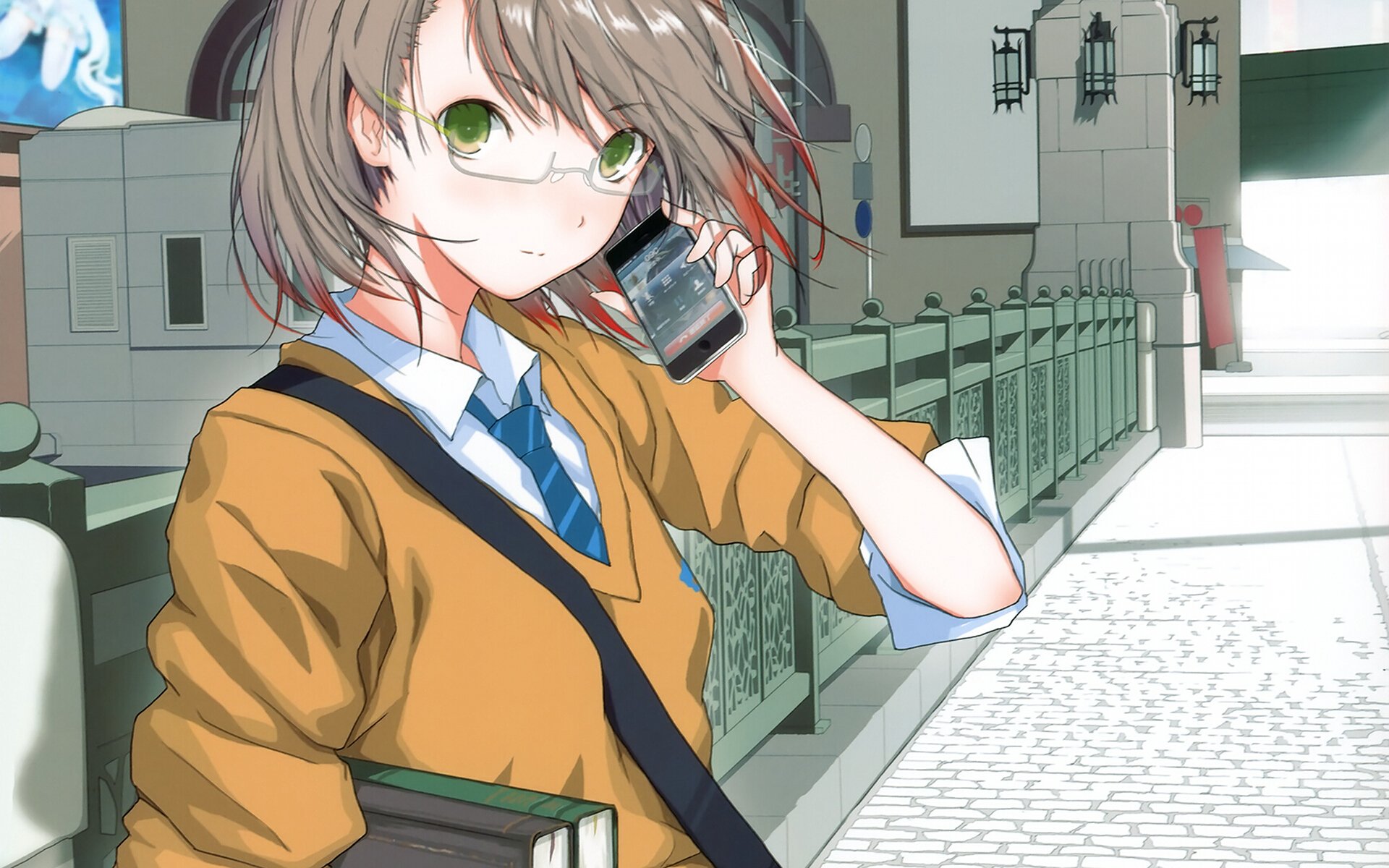 HD anime original desktop wallpaper featuring a girl with glasses and green eyes, wearing a brown sweater and blue tie, holding a phone and standing on a sunlit street.