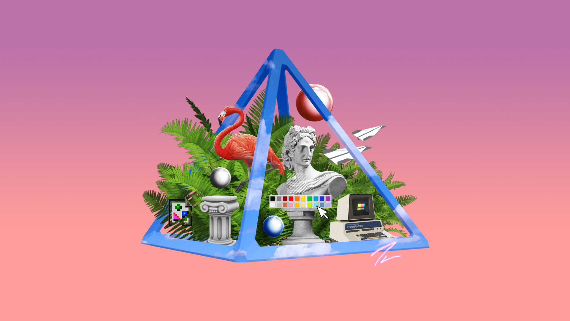 Artistic vaporwave 4K Ultra HD PC desktop wallpaper: neon blue triangle collage with a classical bust, flamingos, retro computer and palm foliage on a pink gradient.