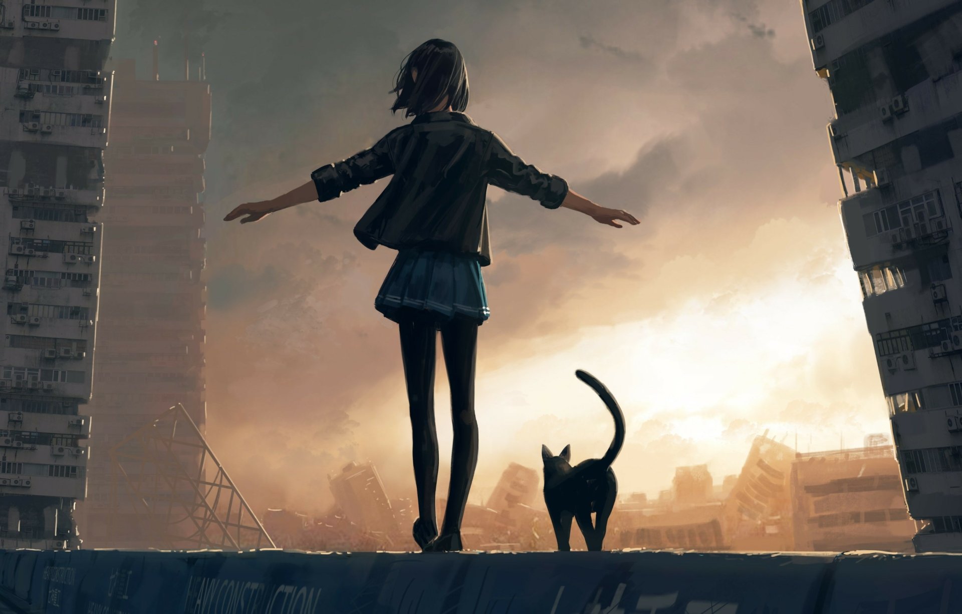 An anime girl and a cat stand on a ledge overlooking a post-apocalyptic cityscape, rendered in high-definition for a PC desktop wallpaper.