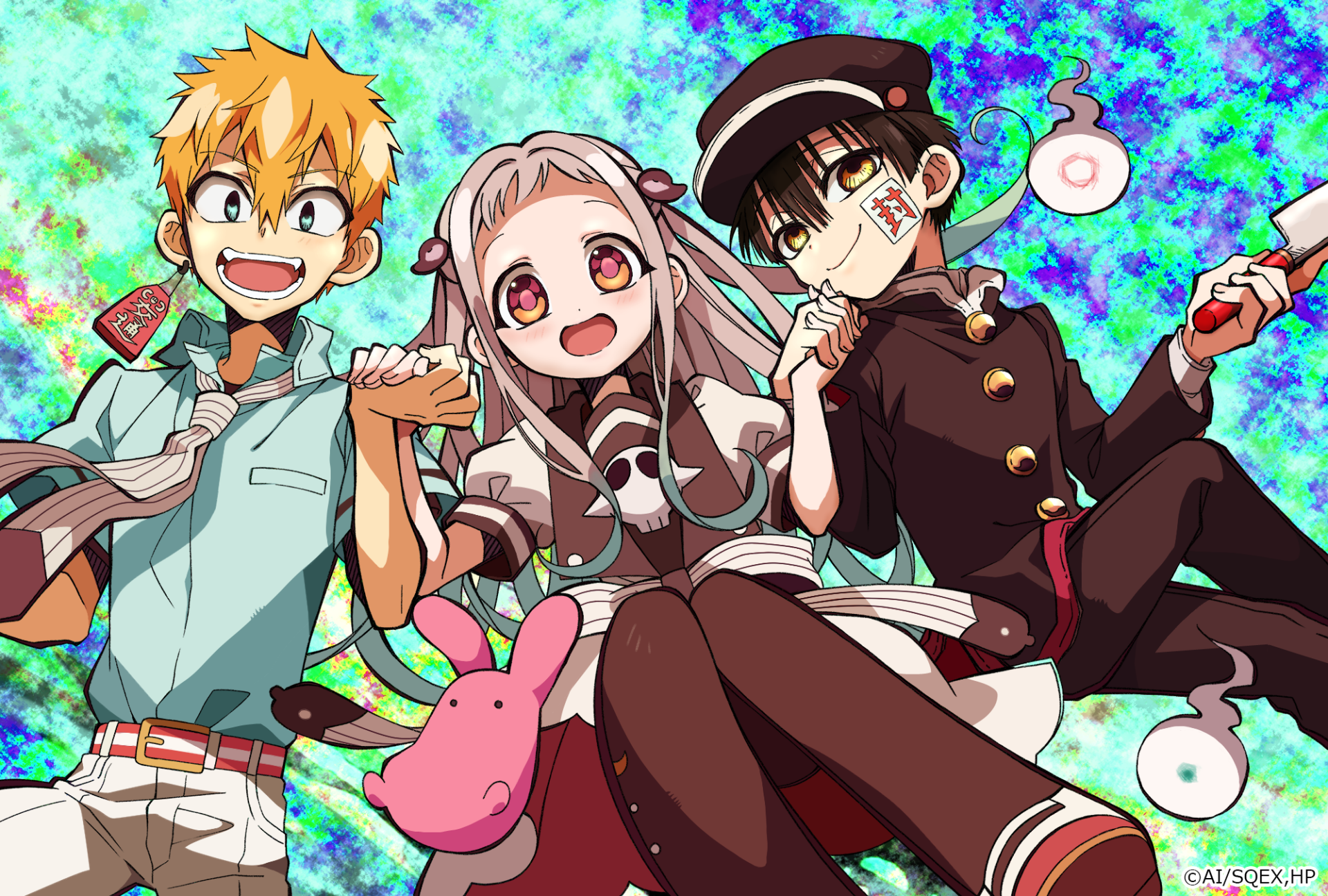 HD desktop wallpaper featuring Kou Minamoto, Yashiro Nene, and Hanako-kun from the anime Jibaku Shounen Hanako-kun, with a colorful background.
