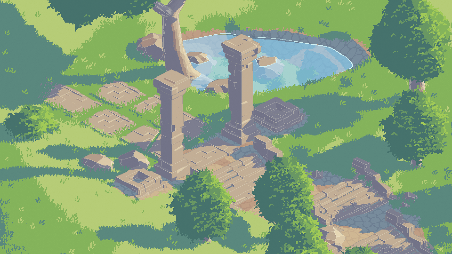 A vibrant pixel art scene featuring ancient stone pillars by a small pond, surrounded by lush greenery, designed as an HD PC desktop wallpaper and background.