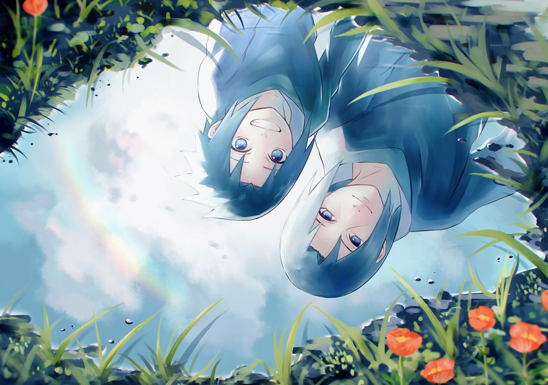 Anime HD wallpaper featuring Sasuke and Itachi Uchiha from Naruto, reflecting in water with a rainbow effect, surrounded by grass and flowers. Both characters have black hair and are smiling.