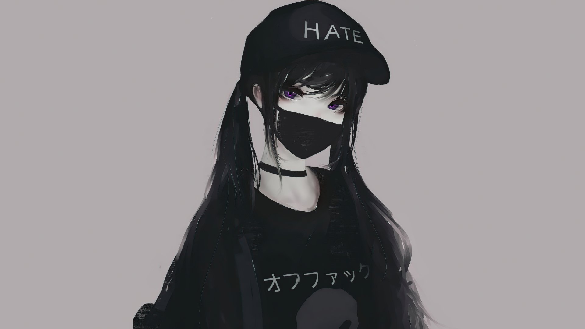 Anime girl with black twintails wearing a cap labeled HATE, a black mask, and dark clothing, rendered in 8K Ultra HD as a PC desktop wallpaper.