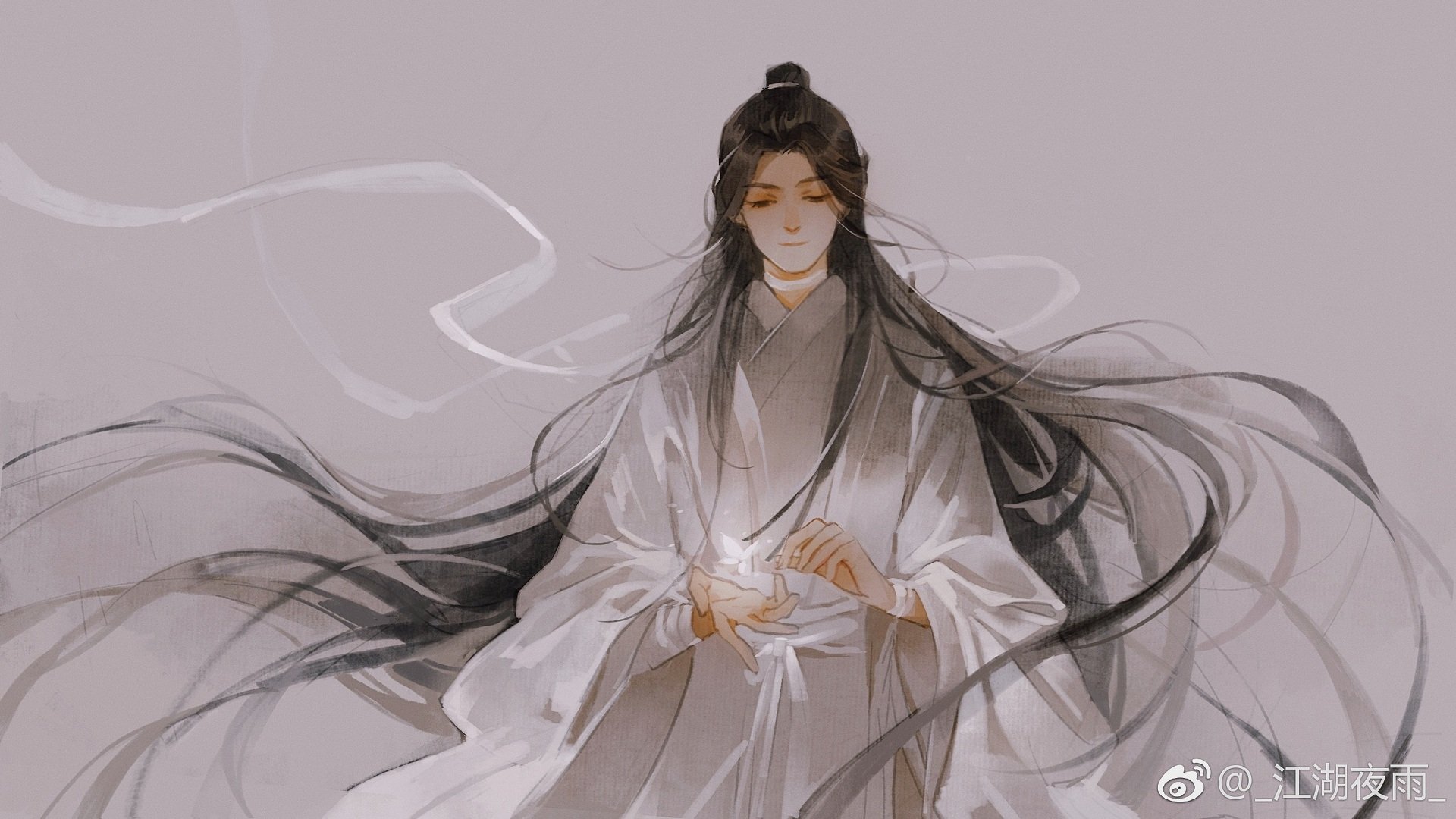 HD anime-style desktop wallpaper featuring a serene character from Tian Guan Ci Fu with flowing long black hair and traditional white robes against a soft, muted background.