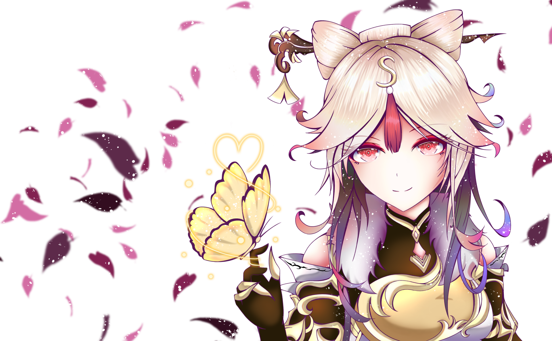 Ningguang from Genshin Impact portrait holding a glowing butterfly amid falling petals — 4K Ultra HD PC desktop wallpaper and background from the video game.