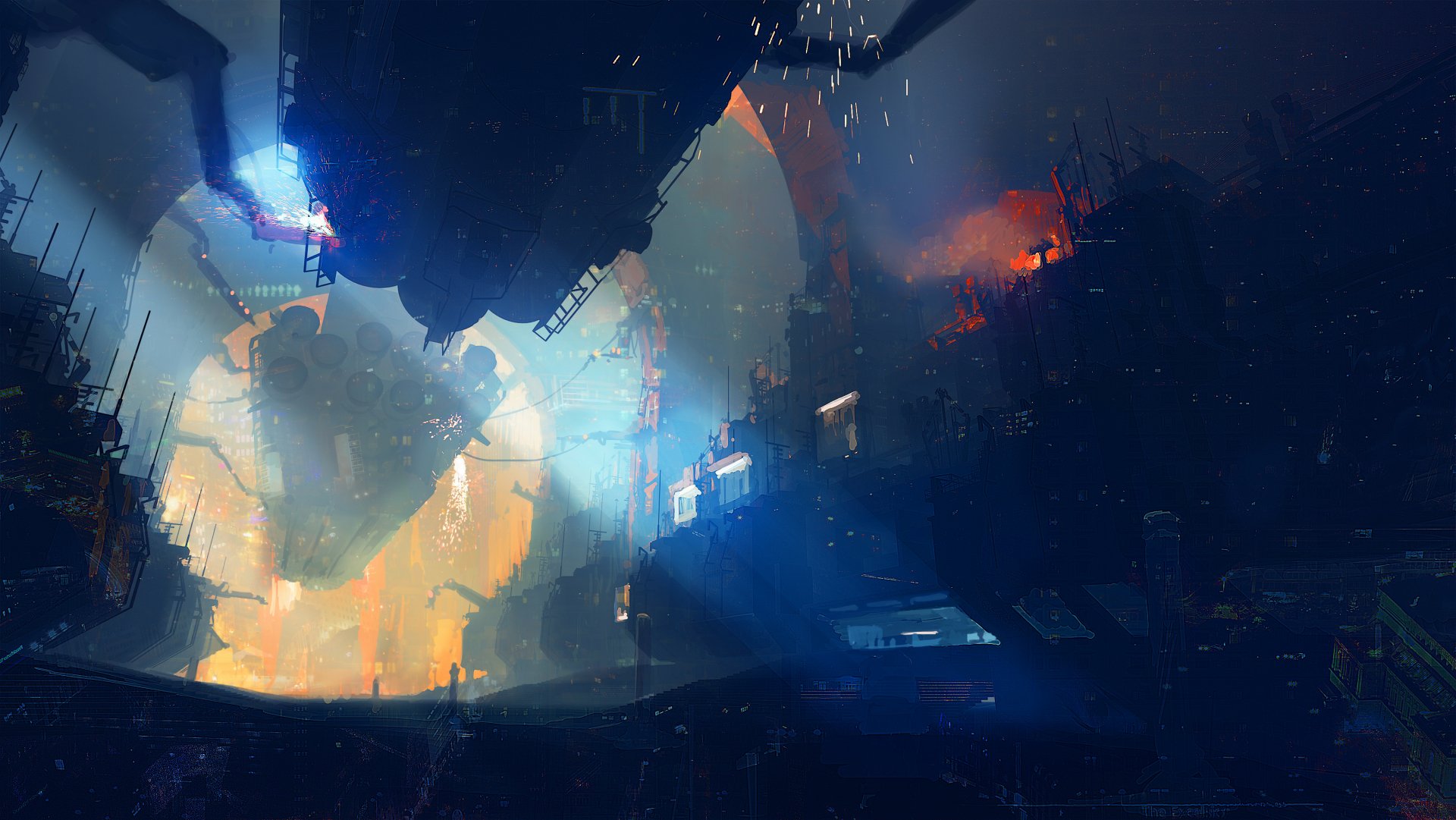 HD PC desktop wallpaper from the video game Fractured Space, depicting a dark, futuristic sci-fi scene with glowing lights and massive structures.