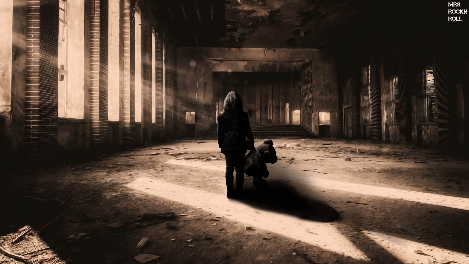 8K Ultra HD Wallpaper - Lonely little girl with her teddy bear by Mrs_RockNRoll